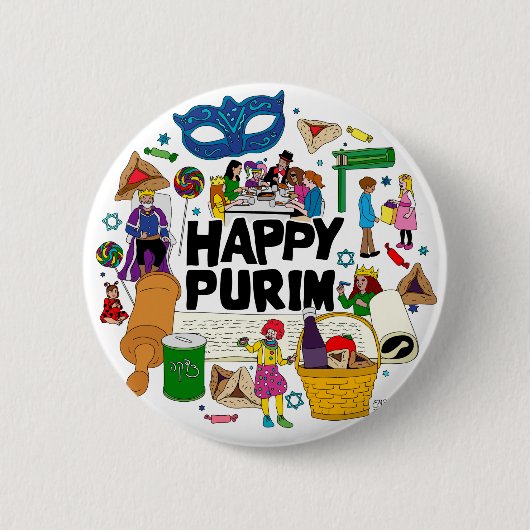 Badge Rond 5 Cm Bouton Joyeux Purim (Devant)