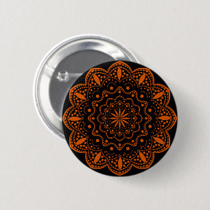 Badge Rond 5 Cm Bouton Mandala Noir et Orange