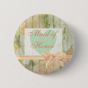 Badge Rond 5 Cm Bouton Mariage Floral Rustic Wood "Maid of Honor"