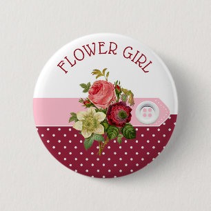 Badge Rond 5 Cm Bouton Mariage Rose Flower Girl Burgundy