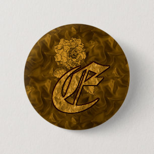 Badge Rond 5 Cm Bouton Monogramme initial E Gold Peony
