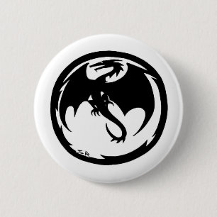Badge Rond 5 Cm Bouton noir Dragon blanc