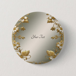 Badge Rond 5 Cm Bouton Orné Floral Blanc Or