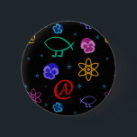 Badge Rond 5 Cm Bouton personnalisable athée de Freethought<br><div class="desc">La couleur d'arrière - plan peut être changée ! Vont customiser > éditent > l'arrière - plan  

 Le motif est des pensées,  des poissons de Darwin,  des symboles atomiques,  de l'athée A et des étoiles. Il est coloré et vibrant.</div>