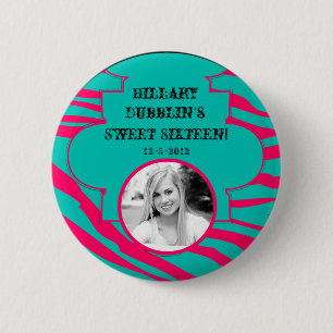 Badge Rond 5 Cm Bouton photo de l'animal Turquoise rose chaud