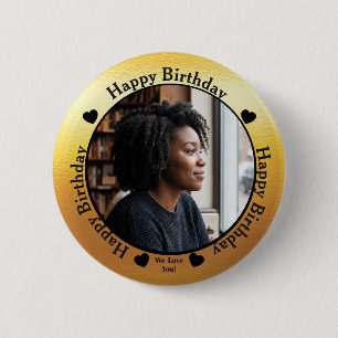 Badge Rond 5 Cm Bouton photo moderne or et noir Joyeux Anniversair