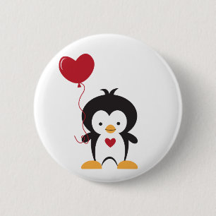 Badge Rond 5 Cm Bouton Pingouin mignon et ballon coeur