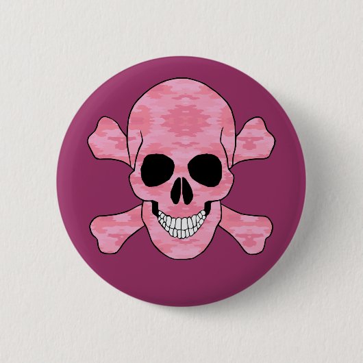 Badge Rond 5 Cm Bouton Pink Camouflage Et Crâne Crossbones (Devant)