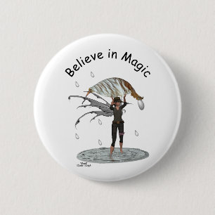 Badge Rond 5 Cm Bouton Pluie Garçon Fée Avec Pin Feuille