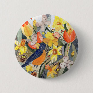 Badge Rond 5 Cm Bouton Robin et Daffodiques