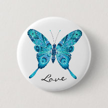 Bouton rond blanc de papillon bleu mignon d'amour
