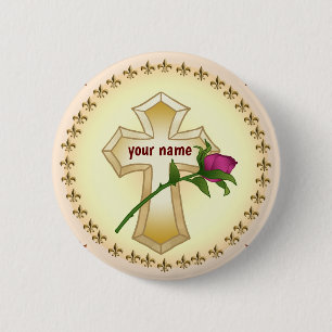 Badge Rond 5 Cm Bouton Rose Christian Cross