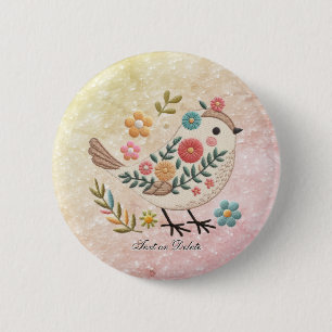 Badge Rond 5 Cm Bouton rose Feuille Little Bird Flowers