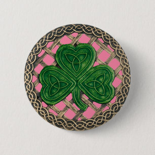 Badge Rond 5 Cm Bouton shamrock Et Noeuds Celtiques Rose