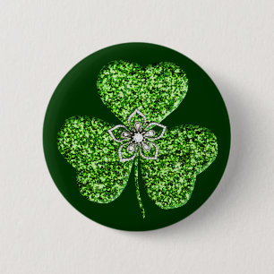 Badge Rond 5 Cm Bouton Shamrock parties scintillant Et Fleur