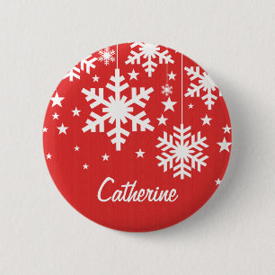 Badge Rond 5 Cm Bouton Snowflakes et Stars, Rouge