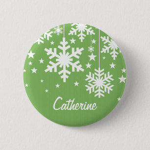 Badge Rond 5 Cm Bouton Snowflakes et Stars, Vert
