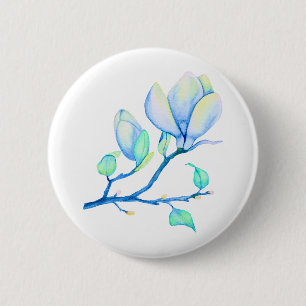 Badge Rond 5 Cm Branche de Magnolia Aquarelle Bleu Vert Botanique