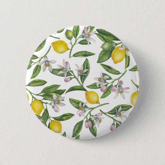 Badge Rond 5 Cm Branches de citron avec fleurs et fruits sur blanc (Devant)