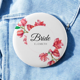 Badge Rond 5 Cm Bride rose blanc floral Magnolia Mariage