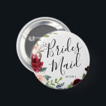 Badge Rond 5 Cm Bridesmaiers Burgundy Bouquet Nom personnalisé Mar<br><div class="desc">Un petit quelque chose pour vos Bridesmaids ultra spécial. Faites-leur plaisir de vous tenir à vos côtés lors de votre jour de mariage spécial avec ce bouton personnalisé unique Burgundy Bouquet thème.</div>