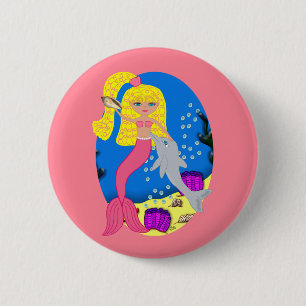 Badge Rond 5 Cm Brigit le bouton rose de sirène et de dauphin