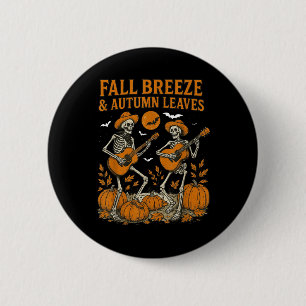 Badge Rond 5 Cm Brise d'automne et squelette de feuilles jouant au
