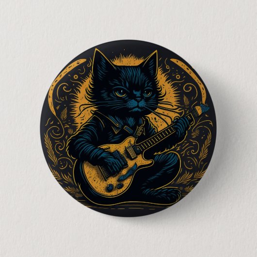 Badge Rond 5 Cm broche black cat guitare hobby drôle (Devant)