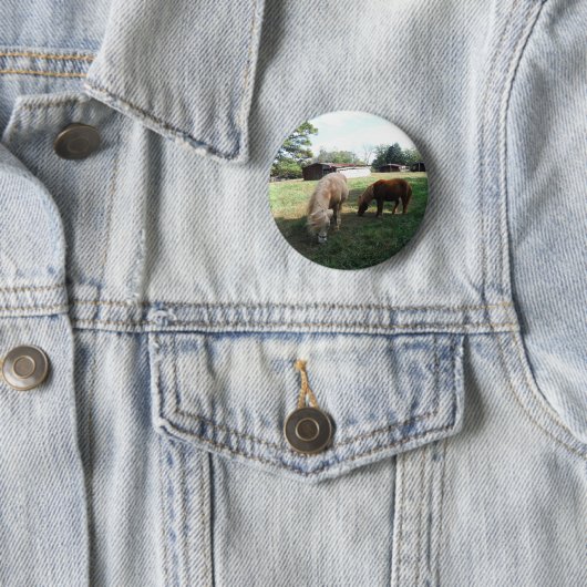 Badge Rond 5 Cm Brown Blond, Deux Chevaux Miniatures, "Little Pony (En situation)