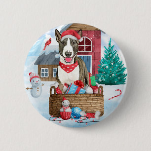 Badge Rond 5 Cm Bull Terrier Chien dans la neige Maison de Chien d