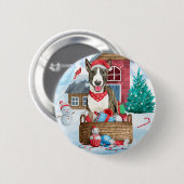 Badge Rond 5 Cm Bull Terrier Chien dans la neige Maison de Chien d (Devant & derrière)