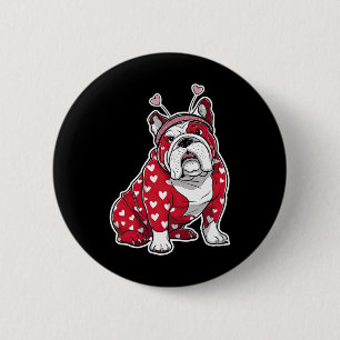 Badge Rond 5 Cm Bulldog Valentine Day Plaid Heart Motif Chien Tête