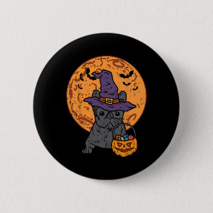 Badge Rond 5 Cm Bulldog Witch Moon Citrouille Halloween Frenchie C