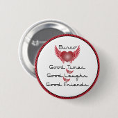 Badge Rond 5 Cm Bunco - Bons temps, rires, amis - Coeur rétro (Devant & derrière)
