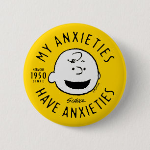 Badge Rond 5 Cm cacahuètes   Charlie Brown Nervous depuis 1950