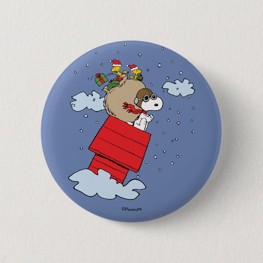 Badge Rond 5 Cm cacahuètes | Snoopy l'As Volant à Noël (Devant)