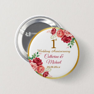 Badge Rond 5 Cm Cadre floral en or pour 1er anniversaire de mariag