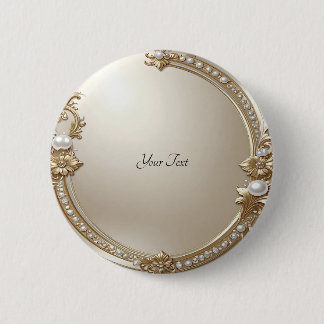Badge Rond 5 Cm Cadre Orné Doré avec Bouton Perles