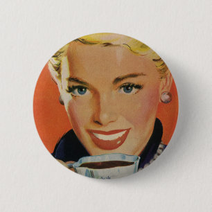 Badge Rond 5 Cm Café Vintage, Femme Heureuse avec Tasse de Café Ré