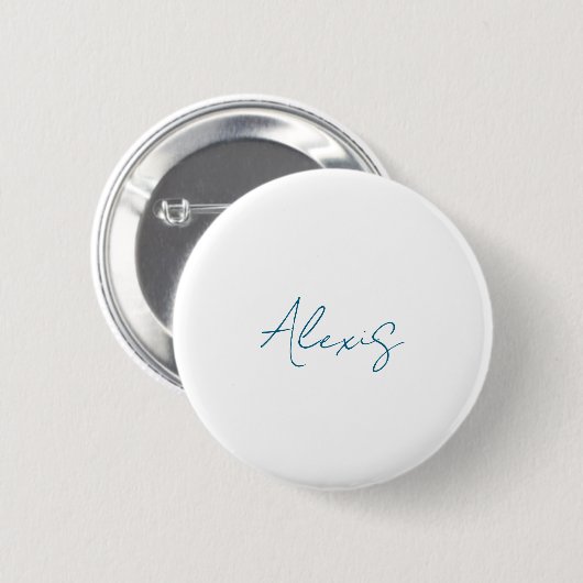 Badge Rond 5 Cm Calligraphie de nom Script Plain Simple Blanc Bleu (Devant & derrière)