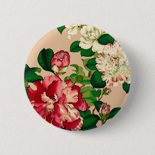 Badge Rond 5 Cm Camélias japonais vintages. Rose-foncé sur le