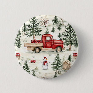 Badge Rond 5 Cm Camion rouge avec cadeaux et bonhomme de neige