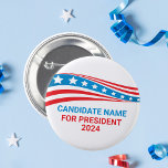 Badge Rond 5 Cm Campagne politique personnalisée Modèle du drapeau<br><div class="desc">Customisez votre propre bouton de campagne politique en ajoutant votre propre nom ou un autre politicien sous ces étoiles et rayures en rouge,  blanc et bleu. Ajoutez un nom personnalisé pour le président américain en 2024 ou un autre bureau politique aux Etats-Unis.</div>