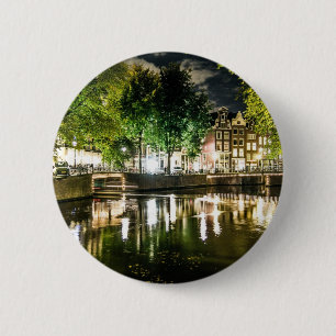 Badge Rond 5 Cm canal de nuit à Amsterdam, Pays-Bas