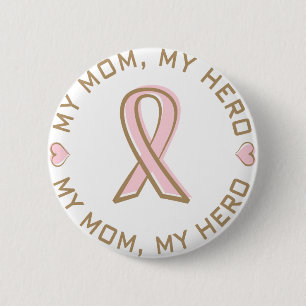 Badge Rond 5 Cm Cancer du sein rose de ruban ma maman mon héros