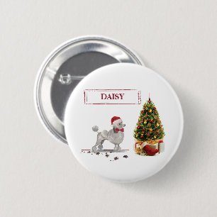 Badge Rond 5 Cm Caniche Gris Drôle de Noël Chien avec Arbre