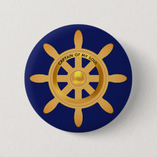 Badge Rond 5 Cm Capitaine nautique gouvernail de bateau doré sur f