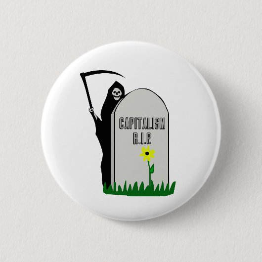 Badge Rond 5 Cm Capitalisme Pierre tombale R.I.P. avec faucheuse (Devant)