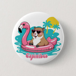 Badge Rond 5 Cm Capivara Estilosa no Verão com Boia Rosa
