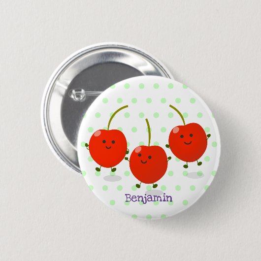 Badge Rond 5 Cm Caricature de cerises rouges à sauter mûr (Devant & derrière)